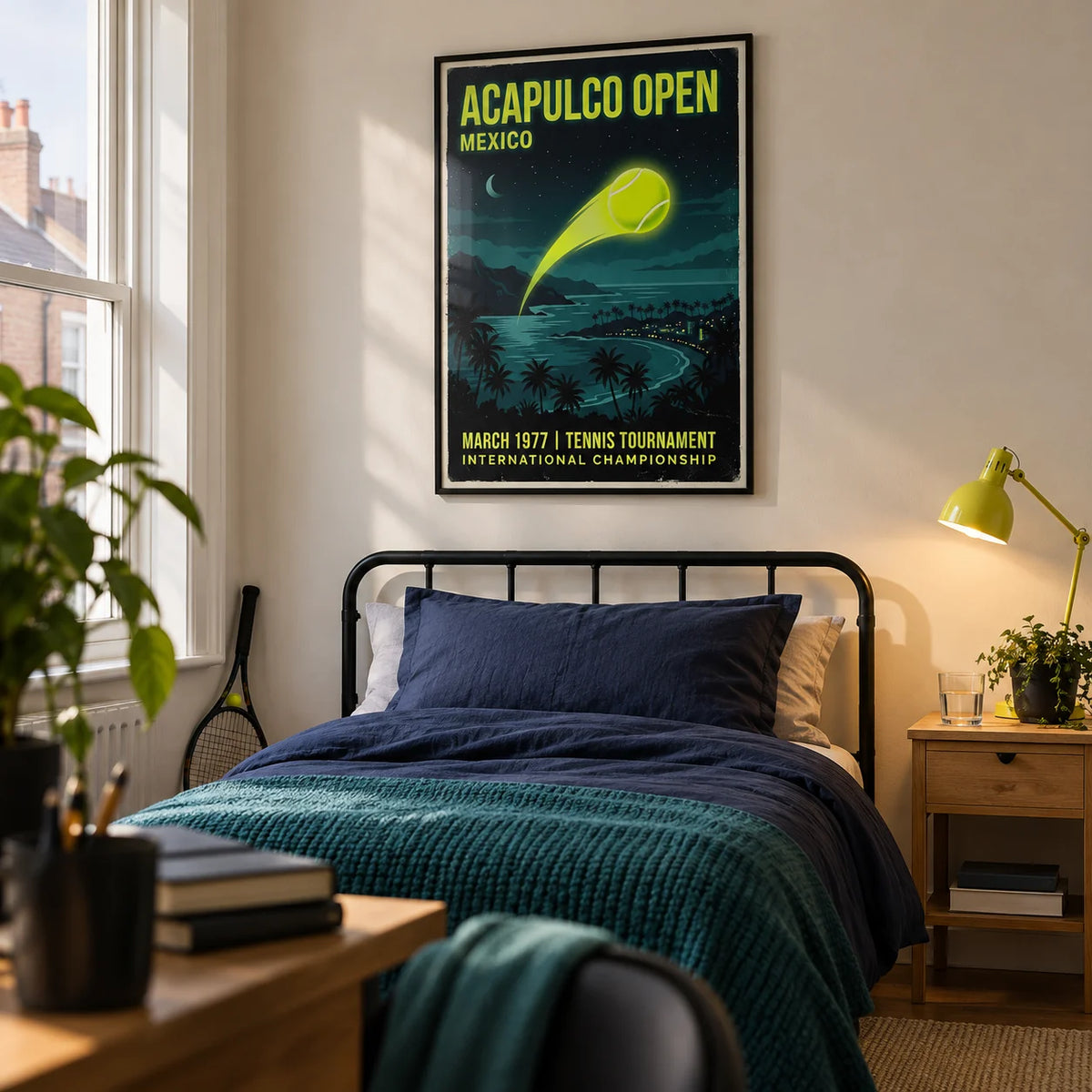 Acapulco Open Tennis Art Print, framed on the wall of a crisp single bedroom for a tennis-loving older teenager (16-19) in a UK terraced house