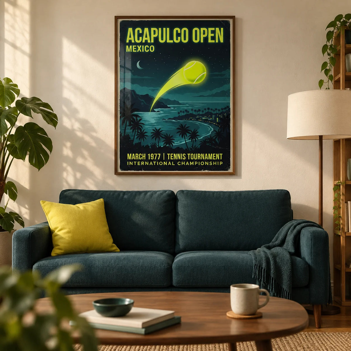 Acapulco Open Tennis Art Print, framed on the wall of a modern living room in a young tennis fan's UK first flat (22-30)