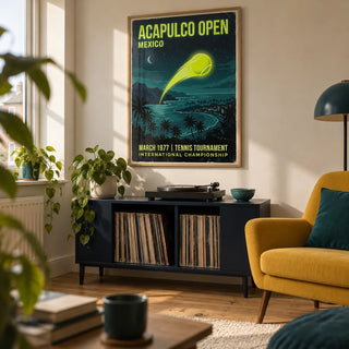 Acapulco Open Tennis Art Print, framed on the wall of a retro games snug in a young couple's UK terrace in a living room