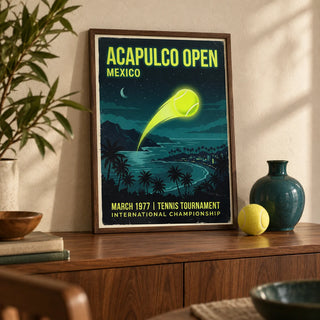 Acapulco Open Tennis Art Print, a small A4 framed print leaning on a walnut sideboard in a living room