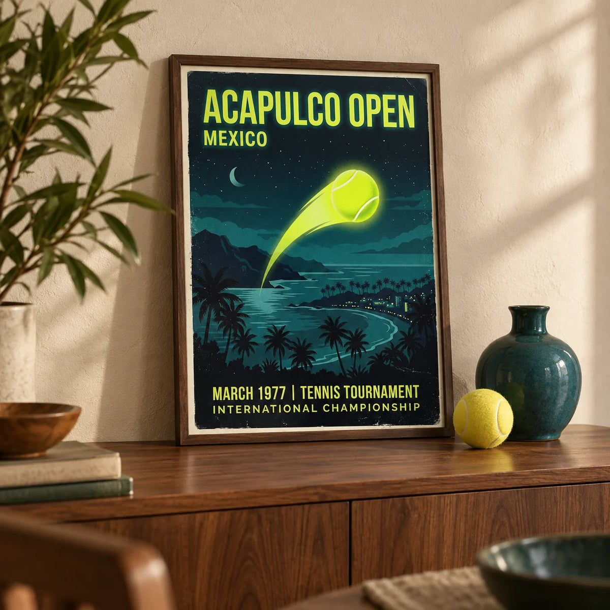 Acapulco Open Tennis Art Print, a small A4 framed print leaning on a walnut sideboard in a living room