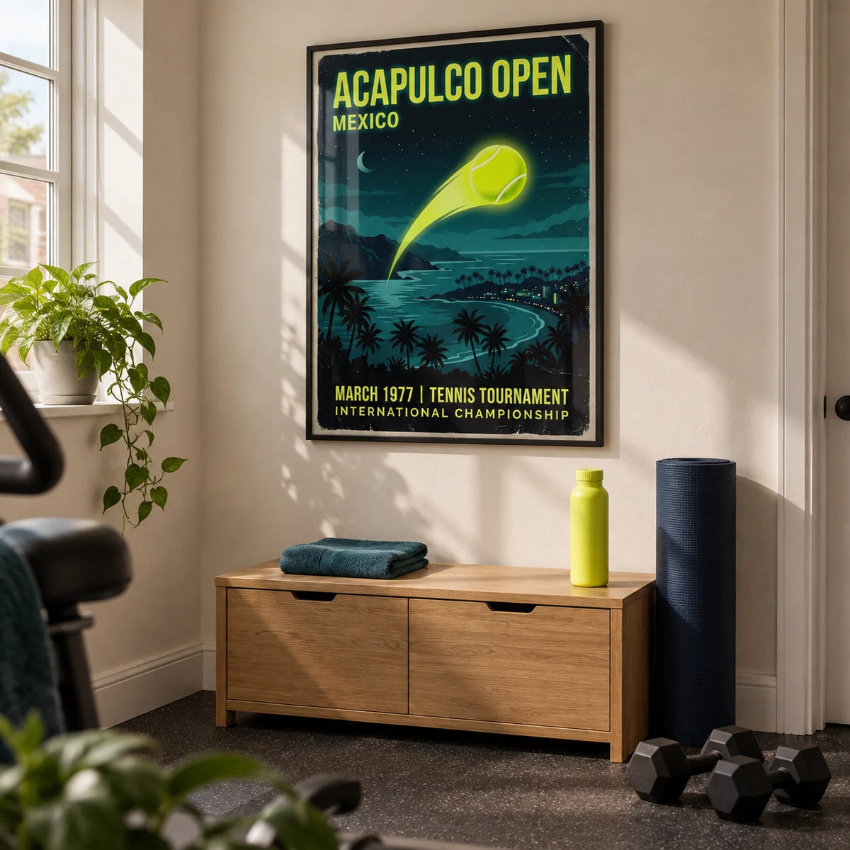 Acapulco Open Tennis Art Print, framed on the wall of a small dedicated exercise room in a UK maisonette