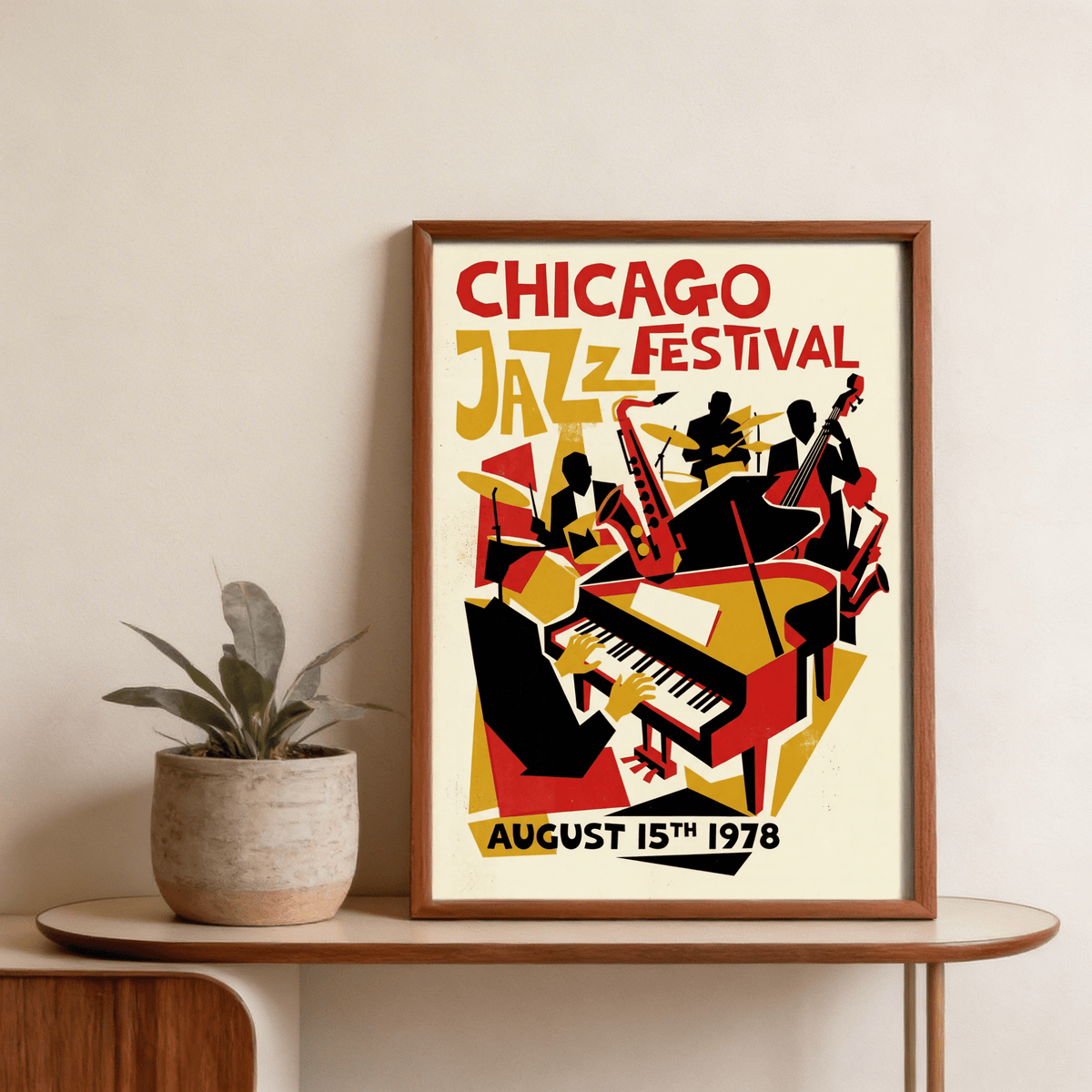 Displaying vintage-style jazz poster wall art with “Chicago Jazz Festival” lettering and 1978 date