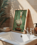 Whimsical bird poster showing a white duck posed front-facing on a stool with a toilet roll balanced above