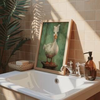 Whimsical bird poster showing a white duck posed front-facing on a stool with a toilet roll balanced above
