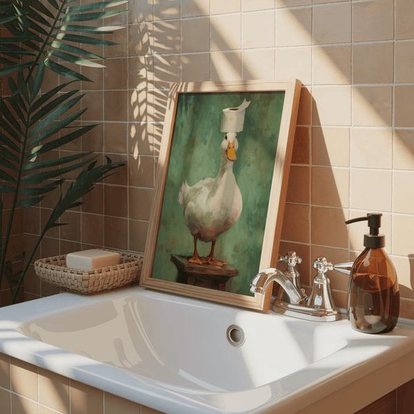 Whimsical bird poster showing a white duck posed front-facing on a stool with a toilet roll balanced above