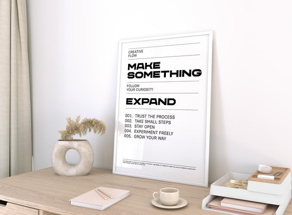 Inspirational print with phrases like “Take Small Steps” and “Trust the Process.”