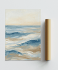 Calming Ocean Wave Art Print featuring blue, white, and beige for office wall art