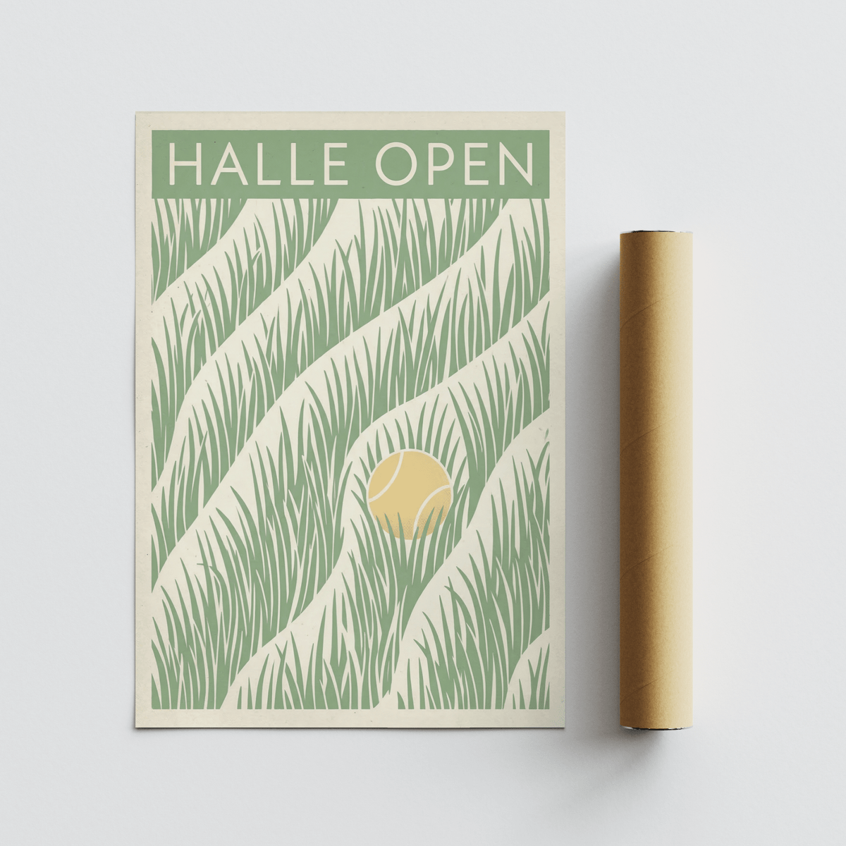 Stylized court wall art featuring layered grass bands and small ball icon