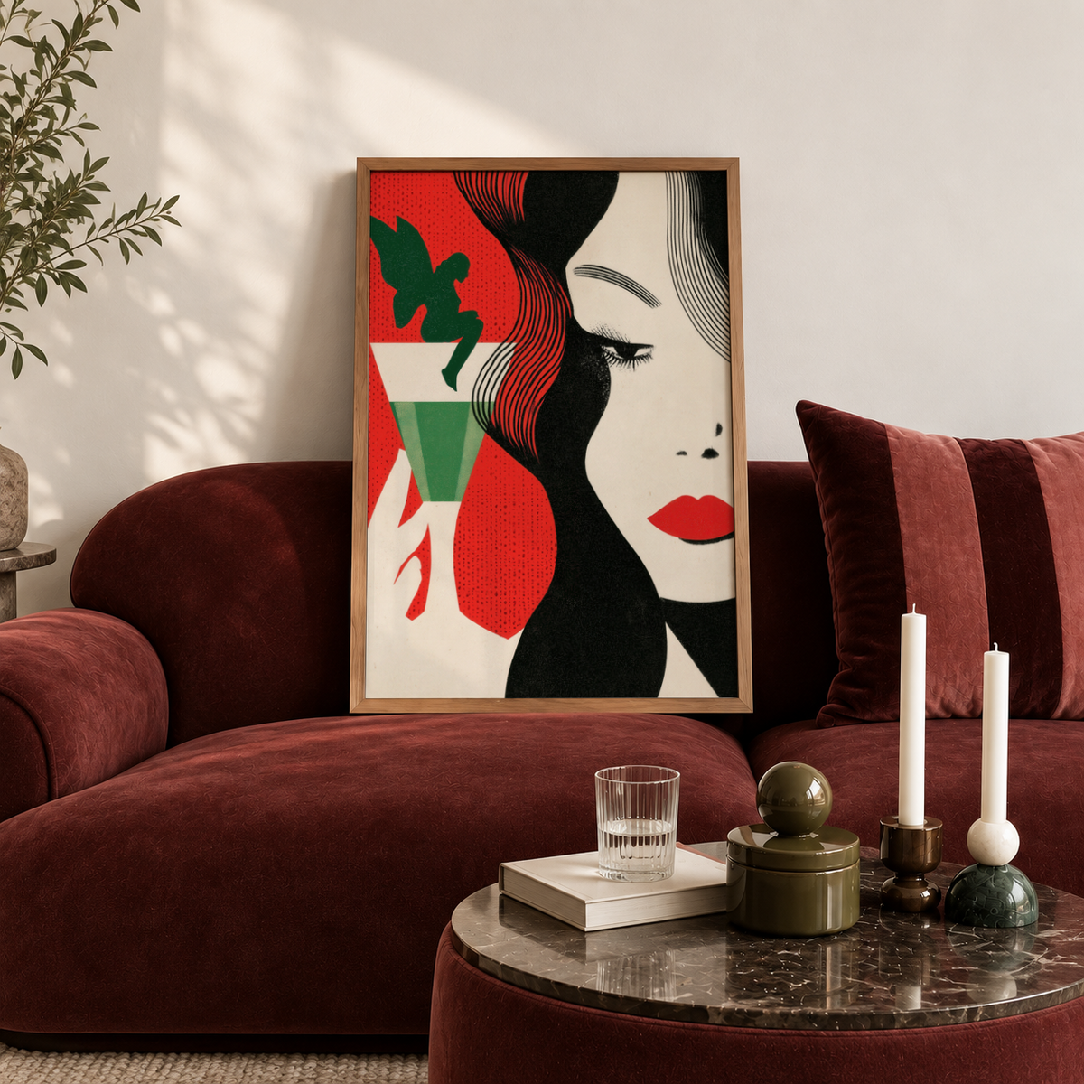 Vintage-style bar poster print of woman, martini glass, and winged figure
