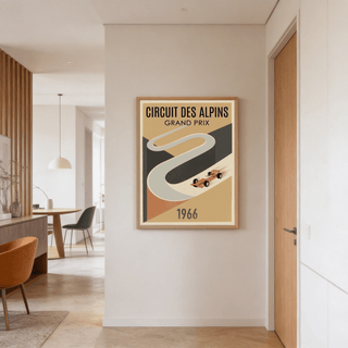 Diagonal circuit graphic poster print with bold lettering and a simplified race car