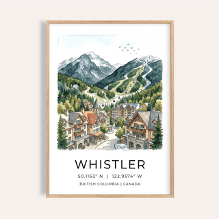 Overview of Whistler Mountain Print poster with village illustration, gondola line, and mountain peaks