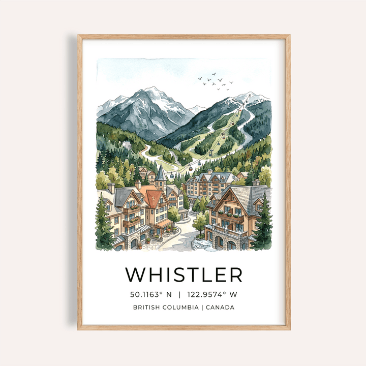 Overview of Whistler Mountain Print poster with village illustration, gondola line, and mountain peaks