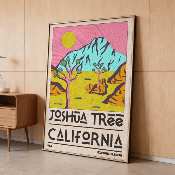 Vintage inspired national park poster with layered blue, pink, and yellow shapes