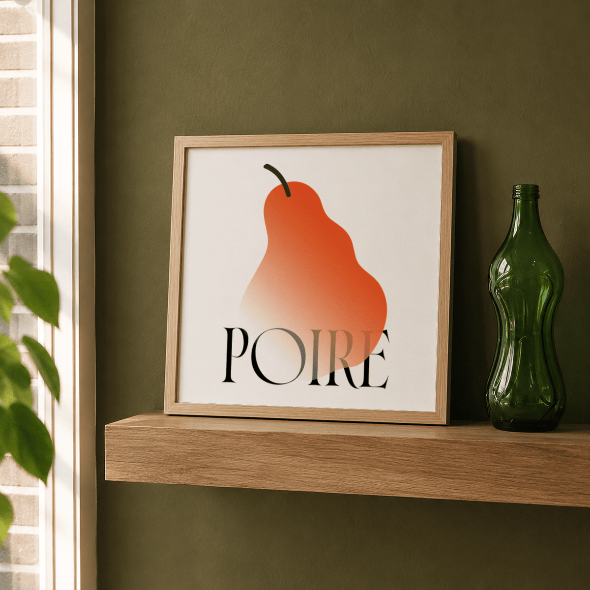 Typography fruit wall art print highlighting the word “POIRE” beneath a pear illustration