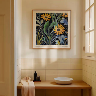 Japanese Floral Print with dotted black backdrop and flowing green stems.