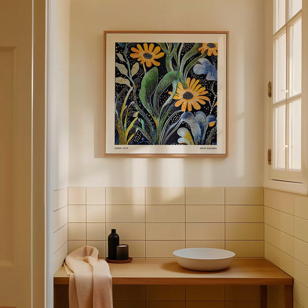 Japanese Floral Print with dotted black backdrop and flowing green stems.