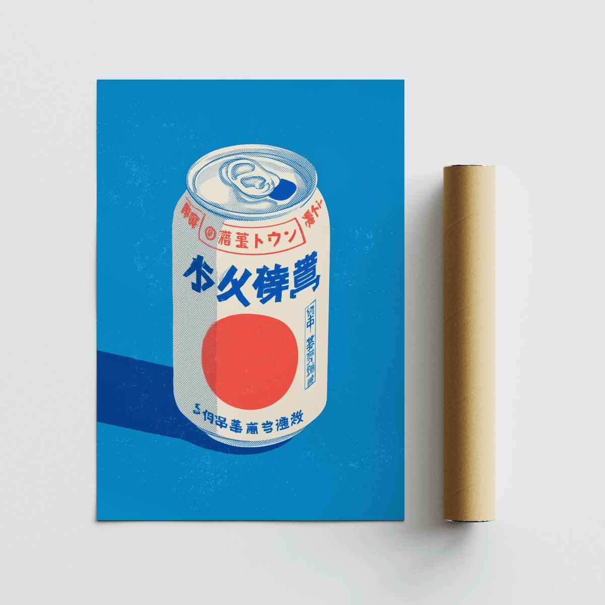Japanese Soda Print wall art in blue, white, red tones for dorm room