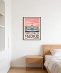 Poster view of Puerta del Sol square in Madrid with fountain basin and framed buildings