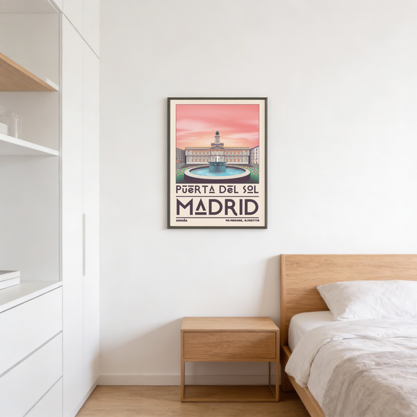 Poster view of Puerta del Sol square in Madrid with fountain basin and framed buildings