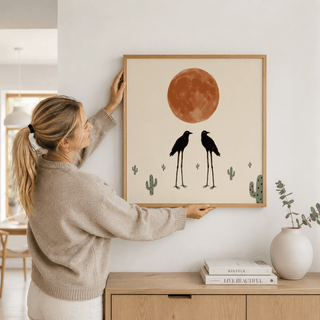 Cactus Bird Wall Art minimal desert scene with birds, moon, and cactus icons