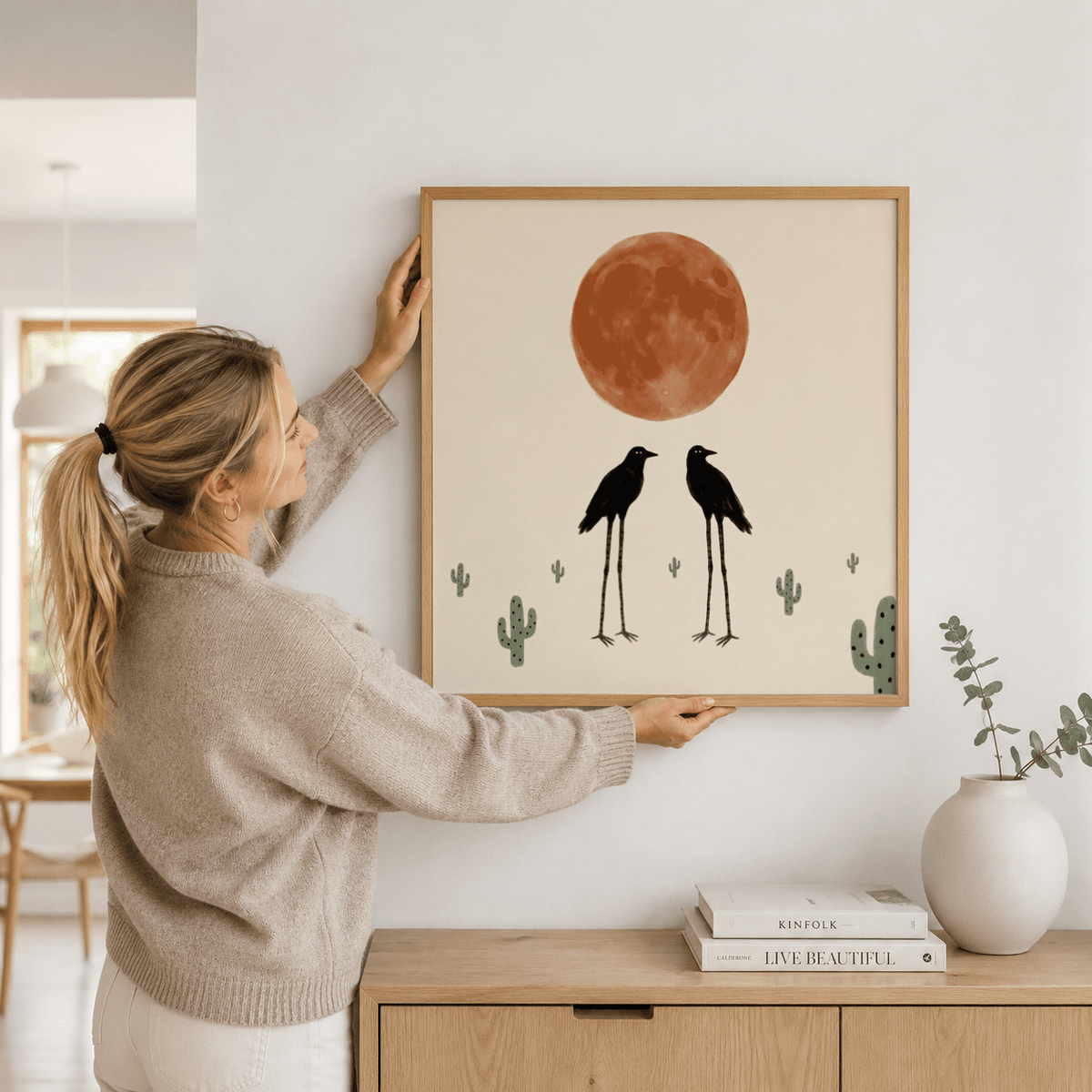 Cactus Bird Wall Art minimal desert scene with birds, moon, and cactus icons