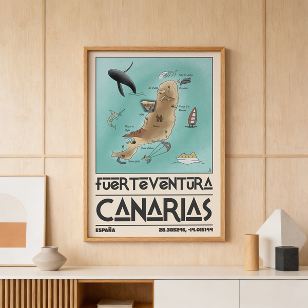 Close-up of Fuerteventura map print highlighting whale, sailboat, and town lettering on beige background
