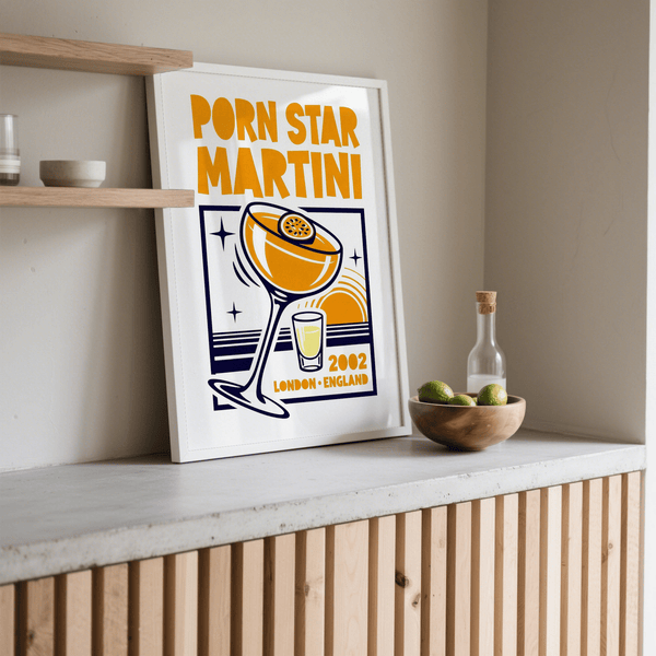 Retro style Porn Star Martini Print art with Orange and Blue for kitchen