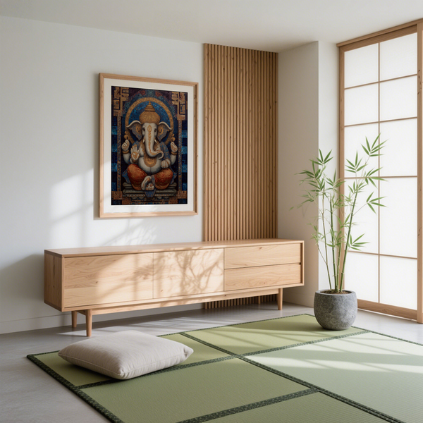 Detailed Ganesha Wall Art print showing elephant head, halo, and patterned robe