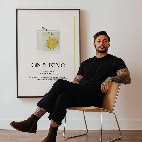 Minimal bar decor print showing Gin and Tonic with fresh herb detail.