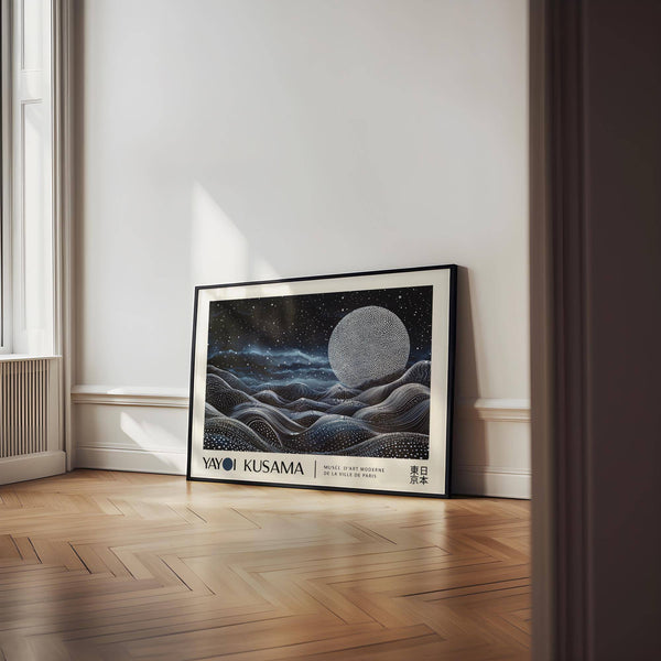 Lunar-themed space art wall featuring deep blue hues