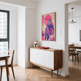 Colorful Tiger Wall Art featuring red, brown, and beige for entryway poster