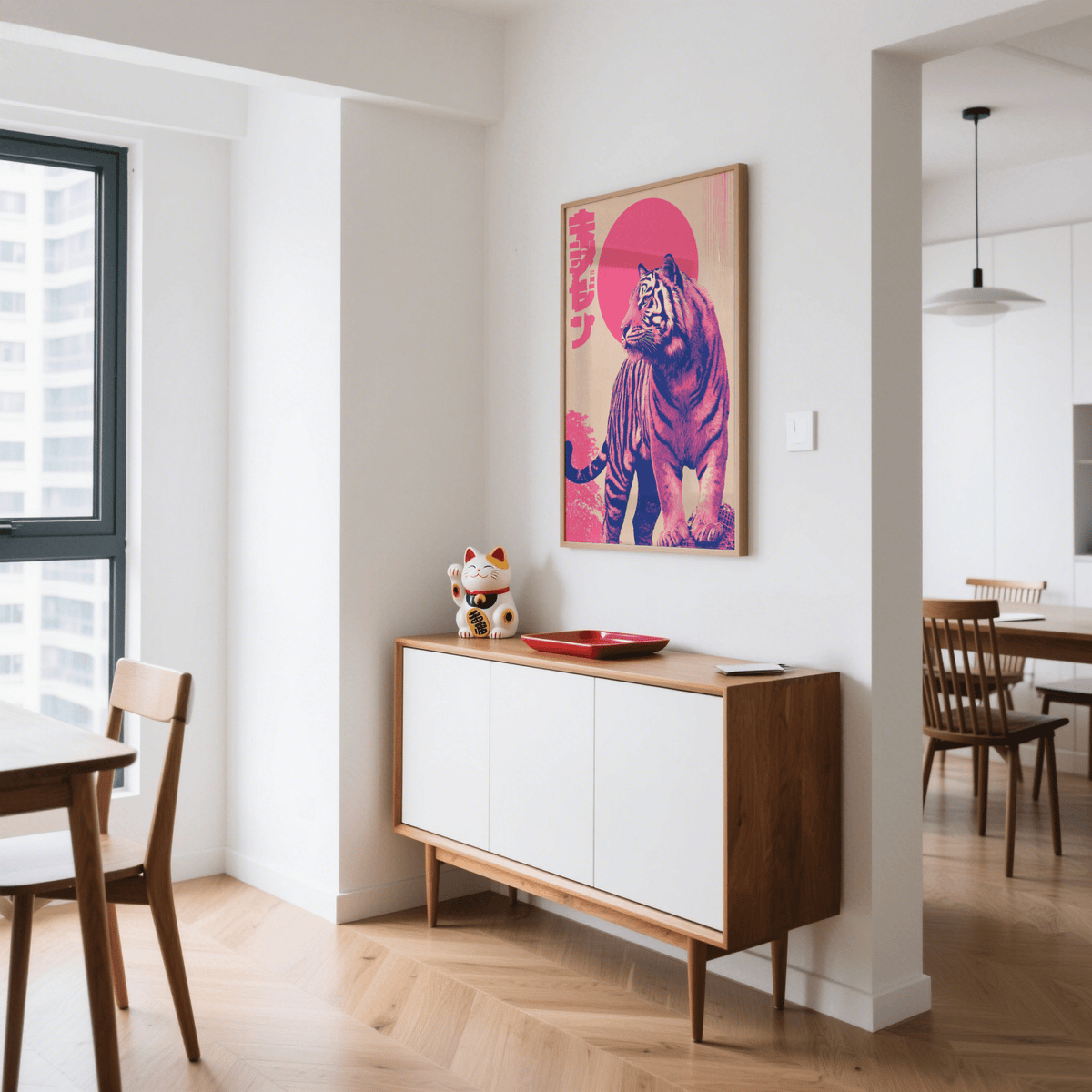 Colorful Tiger Wall Art featuring red, brown, and beige for entryway poster