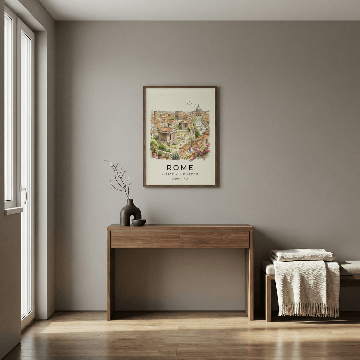Hand-drawn skyline poster with birds flying above monuments