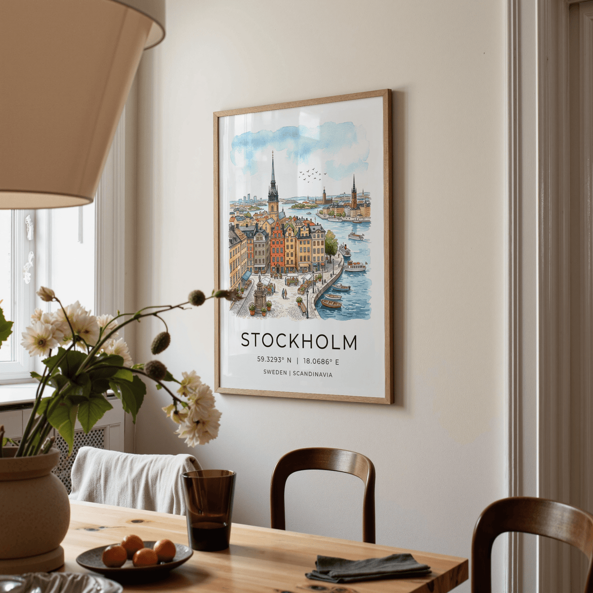 Scandinavian city wall art print with Stockholm waterfront buildings and typography below