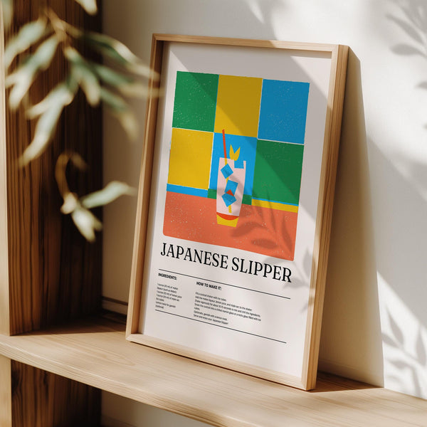 Fun and vibrant cocktail poster with lemon twist and ice cubes.