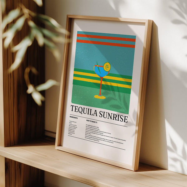 Retro tequila wall art with stylized cocktail and bright striped layout.