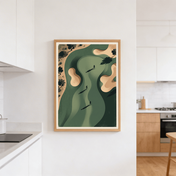 Golf Silhouette Wall Art of an aerial course scene with tree clusters