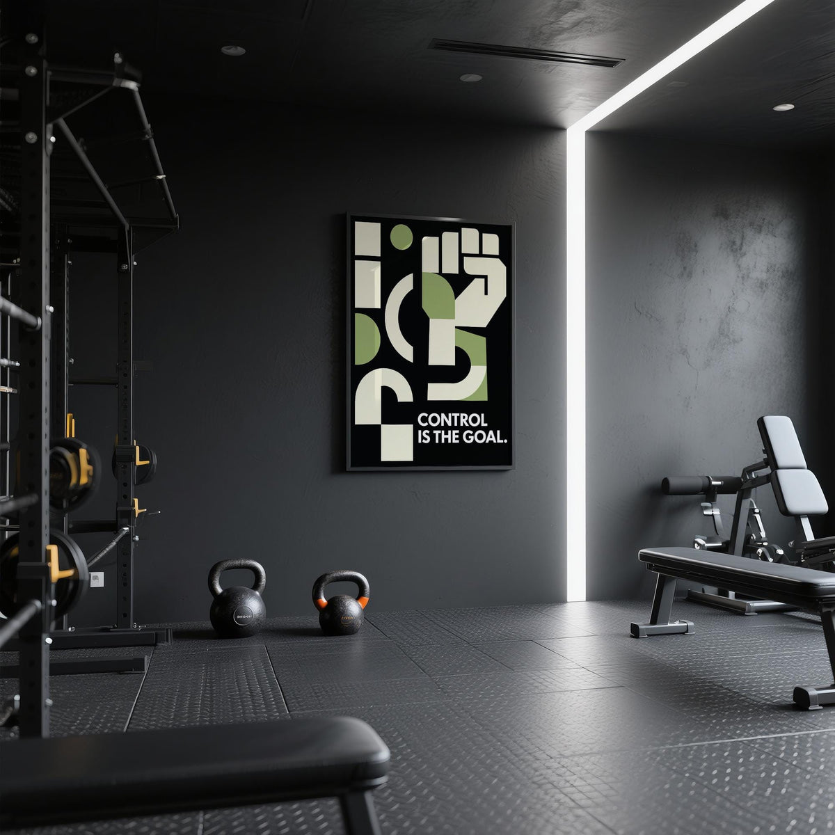 Gym print with abstract fist and motivational quote.
