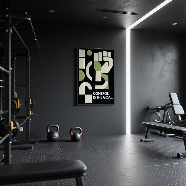 Gym print with abstract fist and motivational quote.