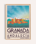 Overview of Granada Andalucía travel poster wall art with stylized city and mountains