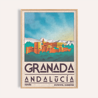 Overview of Granada Andalucía travel poster wall art with stylized city and mountains