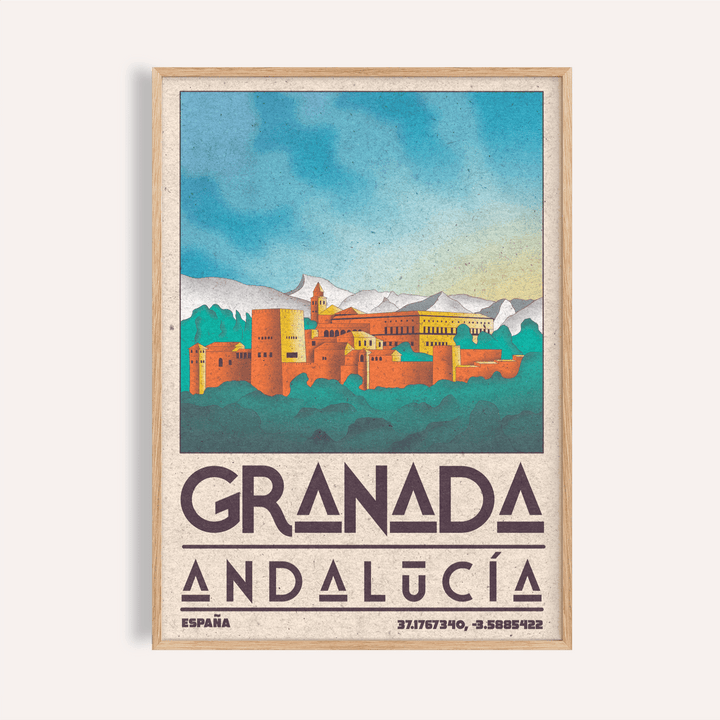 Overview of Granada Andalucía travel poster wall art with stylized city and mountains