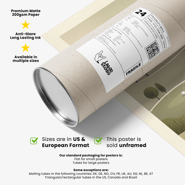 Retro Mid-century Golf Art print showing simplified trees, fairway layers, and horizon scene