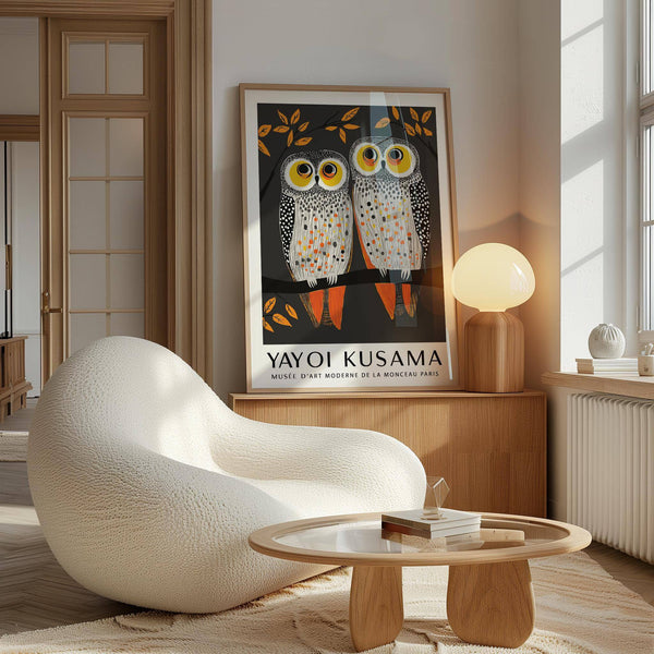 Modern owl wall art with Kusama-style patterns
