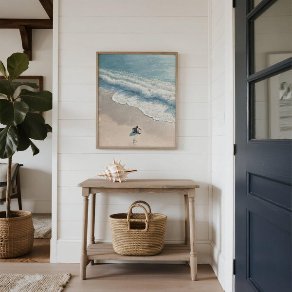 Baby turtle on sunlit beach in a calming Turtle Print illustration.