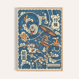 Front view of Tsukumogami Art Print poster with umbrella spirit, swirling waves, and Japanese characters