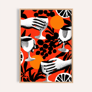 Graphic cocktail glasses poster with hands, citrus slices, and dotted texture
