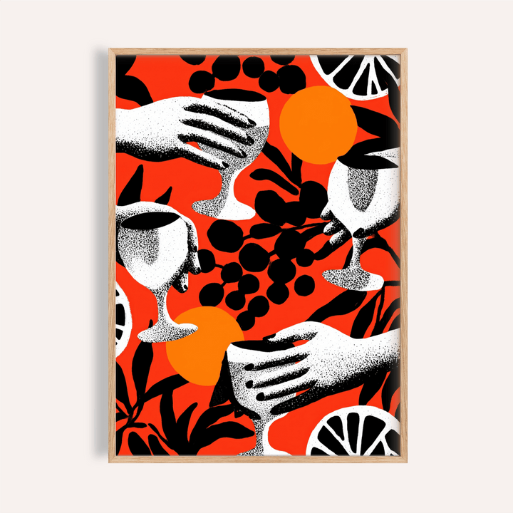 Graphic cocktail glasses poster with hands, citrus slices, and dotted texture