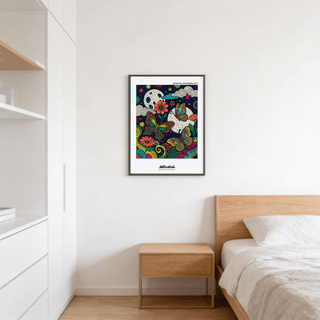 Wide gallery wall display featuring vibrant night-sky butterfly art